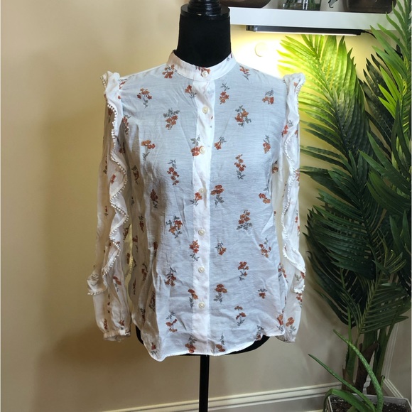 Ann Taylor Floral Linen Long Sleeve High-neck Ruffle Ivory Blouse Oversized XS - Picture 8 of 8